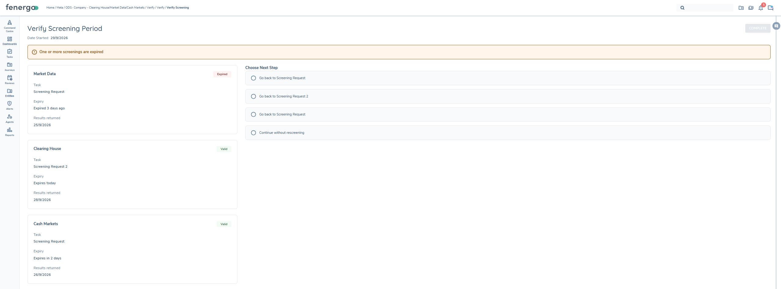 Verify Screening Period checkpoint shown when a governed process has expired